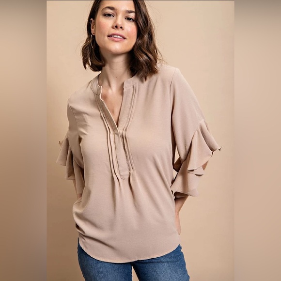Tops - Women’s Ruffle Sleeve Blouse - Taupe